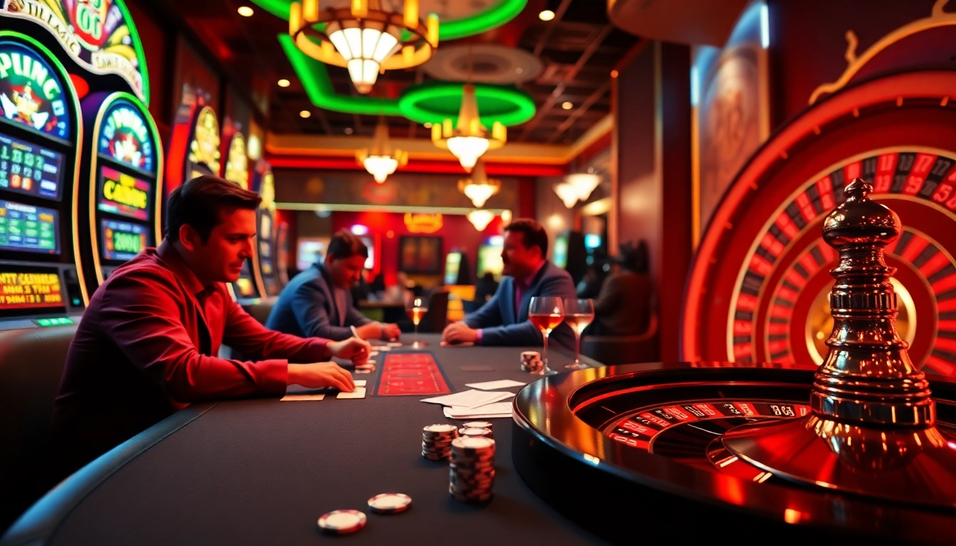 BL555 casino scene with players at a poker table and slot machines.