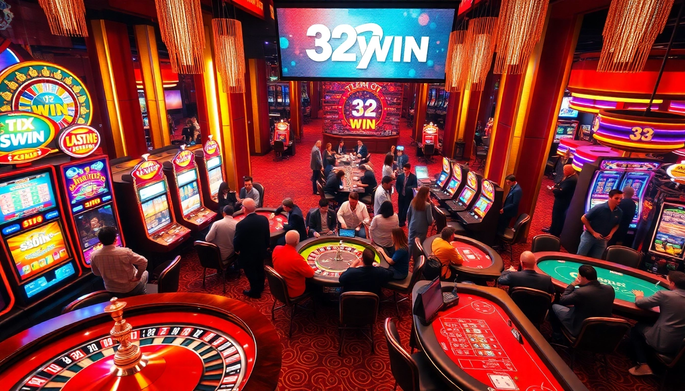 Players celebrating a big win at the casino, showcasing 32WIN as the neon lights illuminate their excitement.