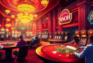 NOHU casino scene showcasing vibrant roulette wheels, poker tables, and slot machines full of players engaged in thrilling gambling.