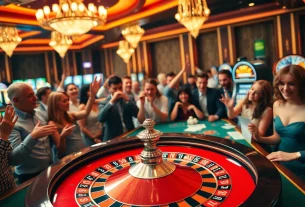 Experience the thrill of winning with e28 at a vibrant casino featuring a bustling roulette table.