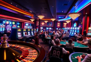 Explore thrilling casino action at topnfljerseyswholesale.com with poker tables and slot machines, capturing the excitement of gambling.