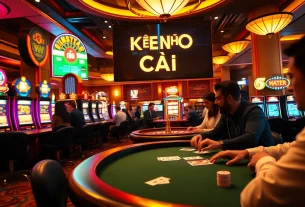 Kèo Nhà Cái 5 showcases players engaged in lively gambling, with poker chips and roulette wheels symbolizing the thrill of victory.