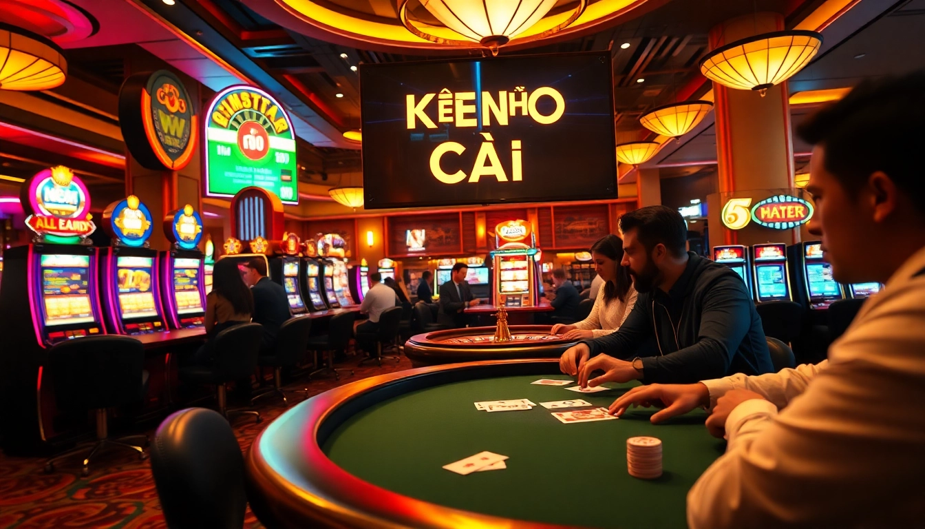 Kèo Nhà Cái 5 showcases players engaged in lively gambling, with poker chips and roulette wheels symbolizing the thrill of victory.
