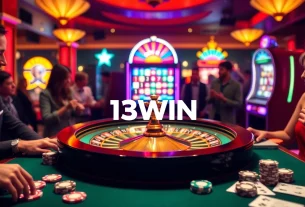 Experience the thrill of winning at 13WIN's vibrant casino scene with roulette, slots, and excited players.