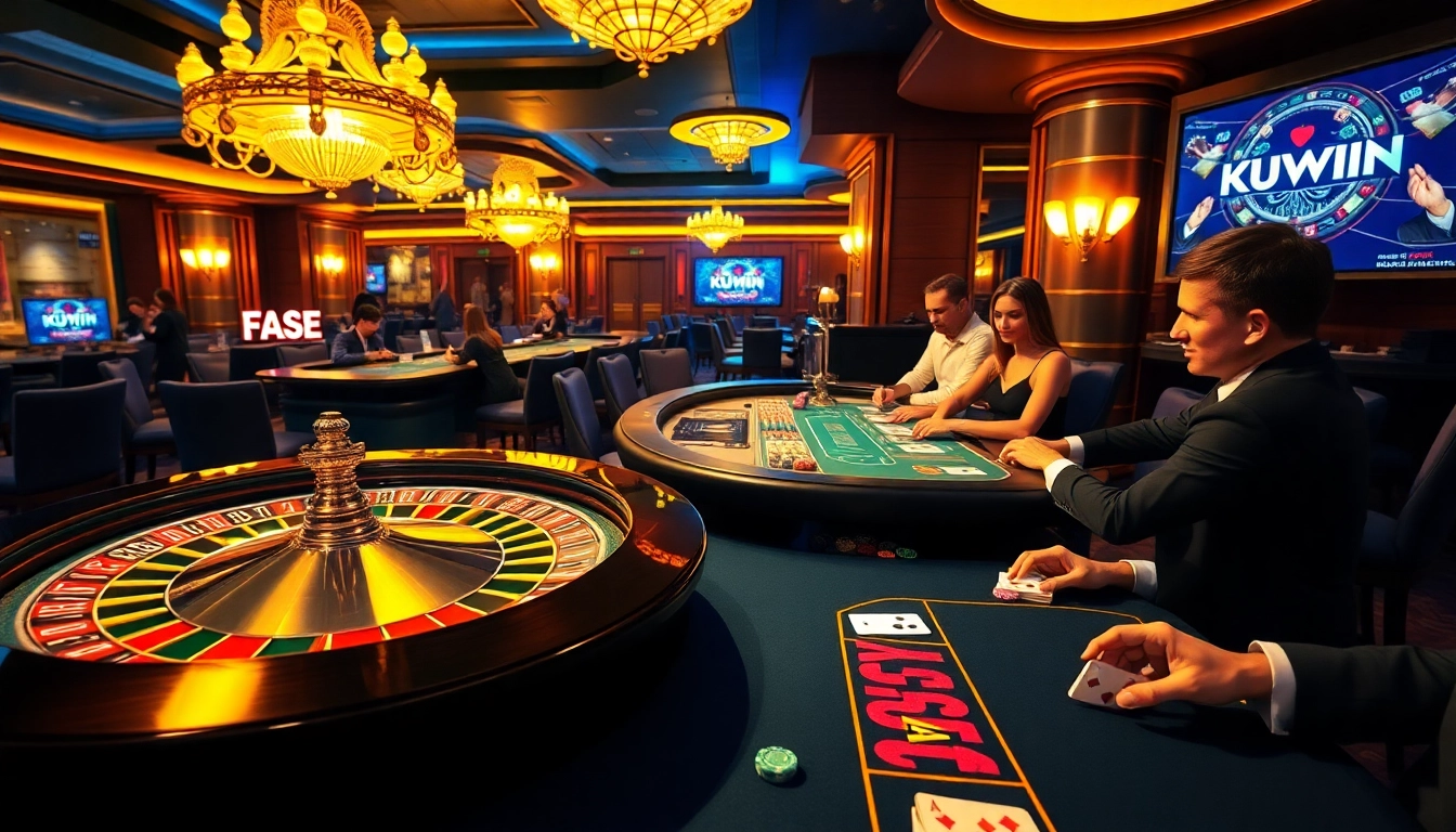 KUWIN casino scene showcasing players enjoying poker and roulette.