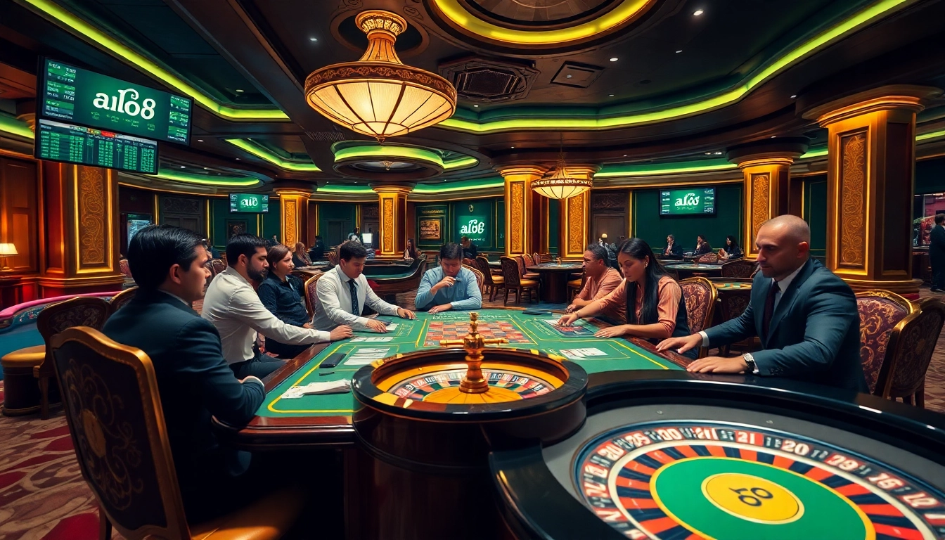 Experience the electrifying ALO8 casino atmosphere with players enjoying thrilling table games, poker chips, and roulette action.