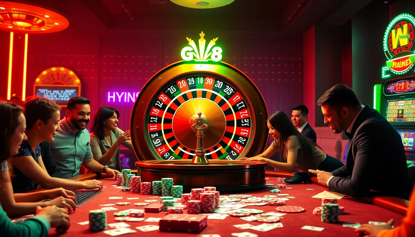 Go88 casino scene with players at the roulette wheel, showcasing vibrant energy and thrilling gaming action.