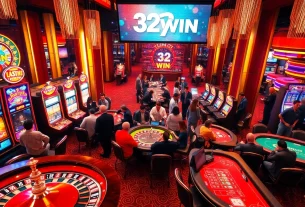 Players celebrating a big win at the casino, showcasing 32WIN as the neon lights illuminate their excitement.