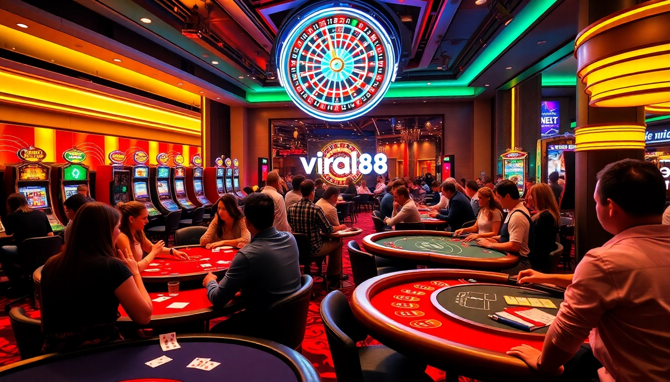 Experience the electrifying atmosphere at a casino with diverse games, including viral88-themed tables and vibrant slot machines.