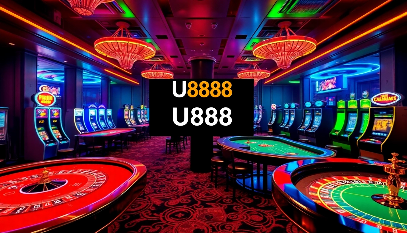 Experience U888's thrilling online casino atmosphere with vibrant tables, chips, and engaging games.
