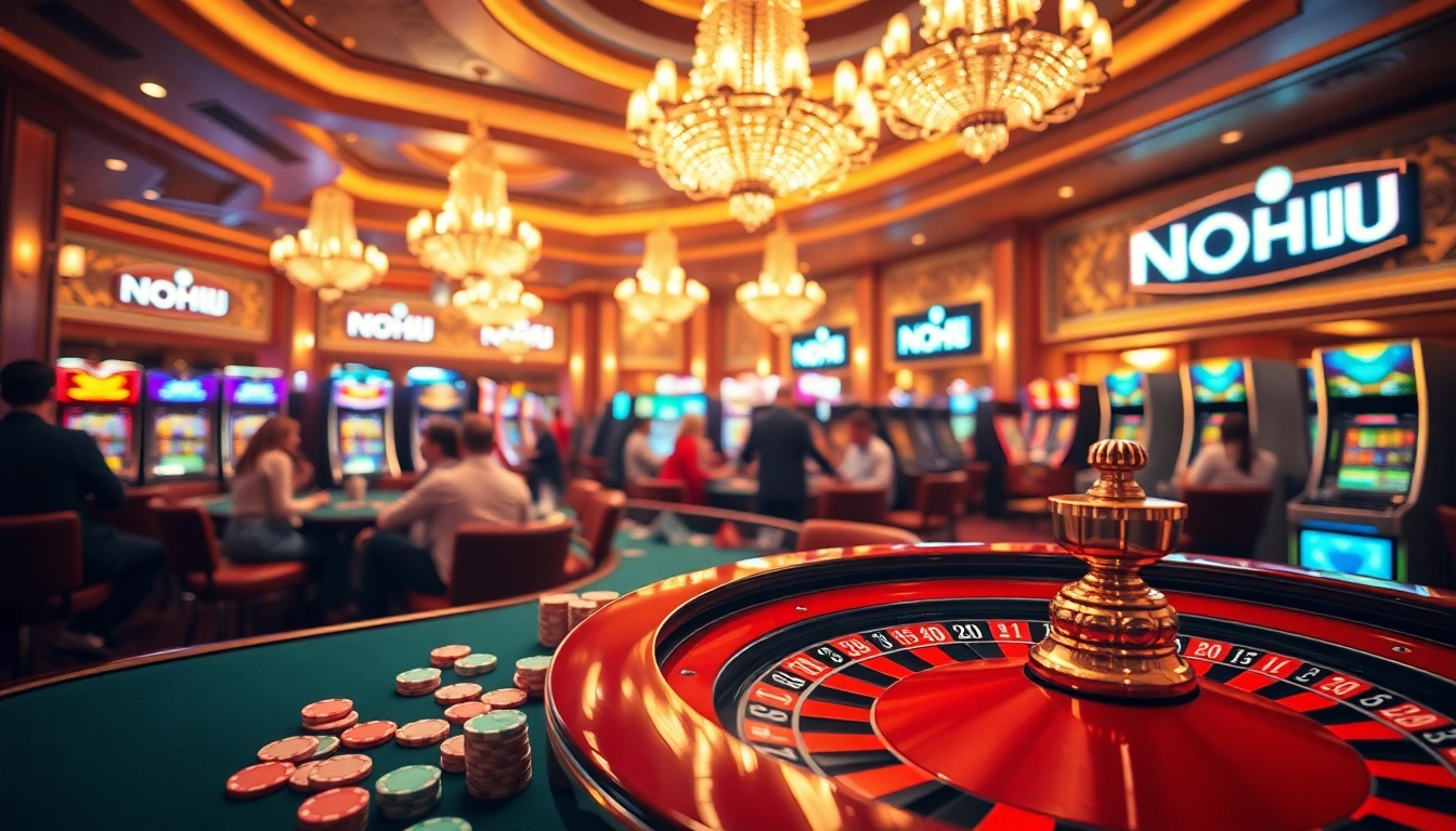 NOHU casino scene with enthusiastic players at a roulette table and vibrant poker chips.