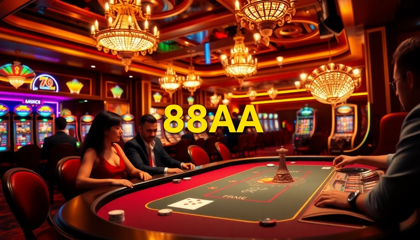 Players at a vibrant casino table with the keyword 88AA prominently displayed, embodying the thrill of high-stakes gambling.
