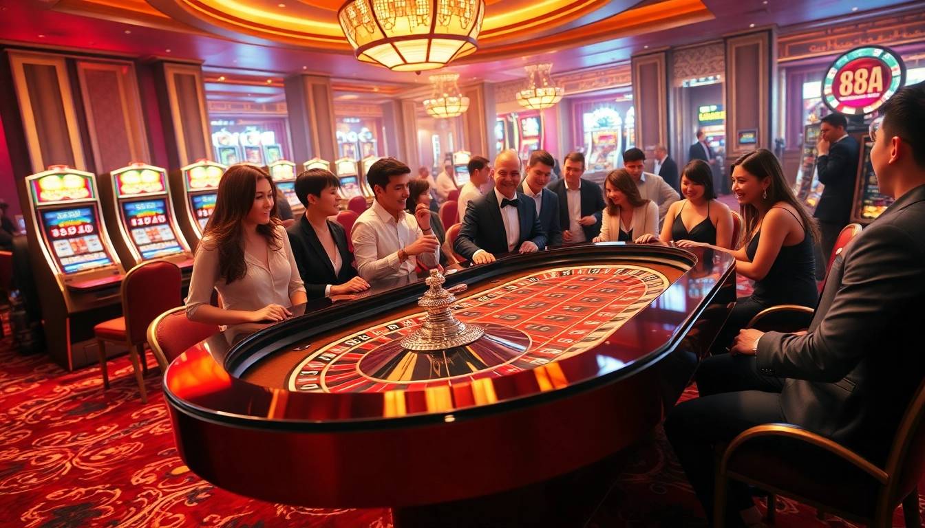 Gamblers enjoying the thrill of the 88AA roulette in a luxurious casino setting.