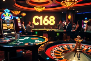 C168 shines prominently in a vibrant casino scene with players enjoying roulette, blackjack, and slot machines.